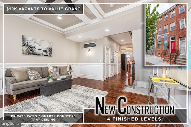 living area with coffered ceiling, a wainscoted wall, wood finished floors, a decorative wall, and recessed lighting