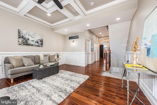 living area with hardwood / wood-style flooring, a decorative wall, recessed lighting, coffered ceiling, and beamed ceiling