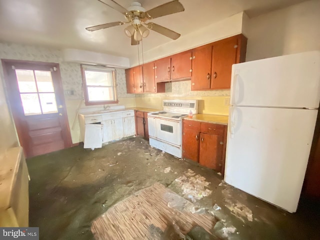 kitchen with white appliances, brown cabinetry, ceiling fan, light countertops, and backsplash