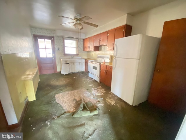 kitchen with ceiling fan, light countertops, white appliances, and brown cabinets