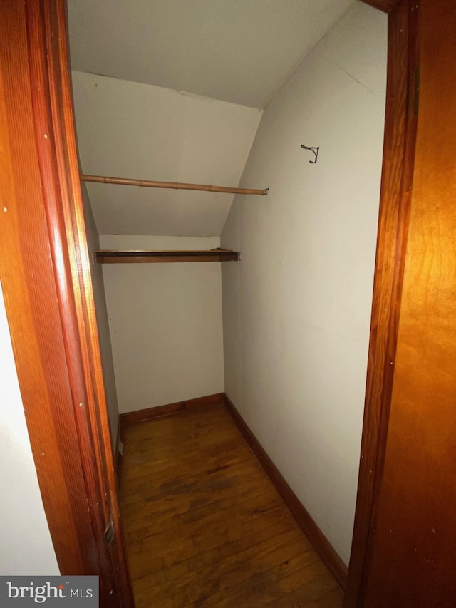 walk in closet featuring lofted ceiling and wood finished floors