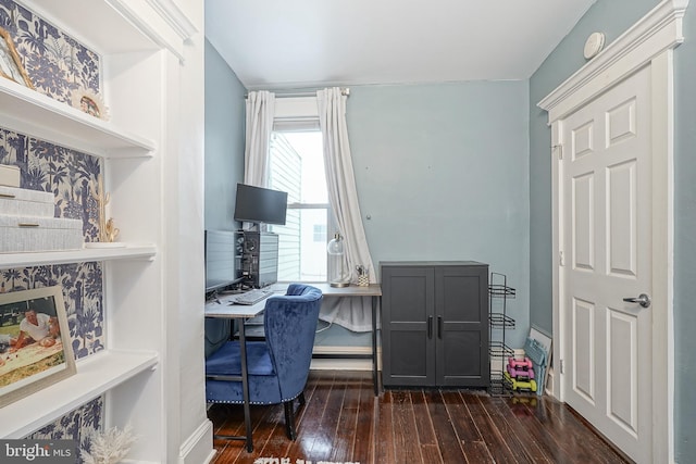 home office with dark wood-type flooring