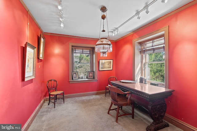 carpeted home office featuring track lighting, crown molding, and baseboards