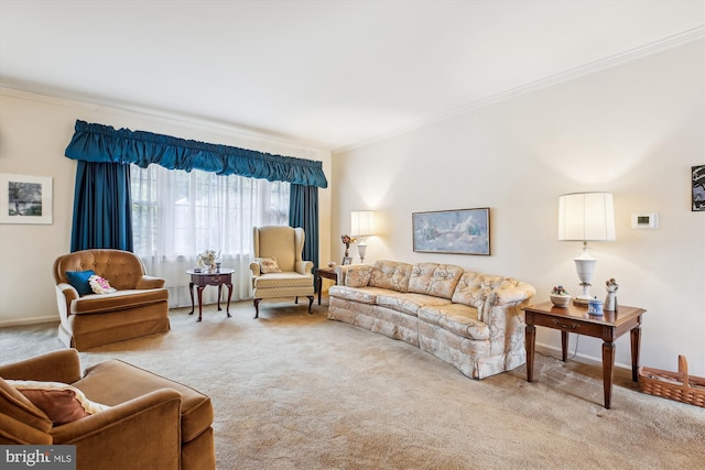 living area with baseboards, carpet floors, and ornamental molding