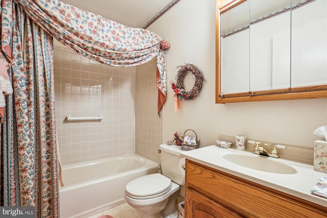 full bathroom featuring toilet, shower / bath combo, and vanity