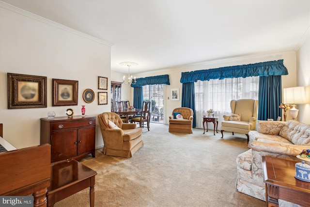 carpeted living area featuring crown molding and an inviting chandelier