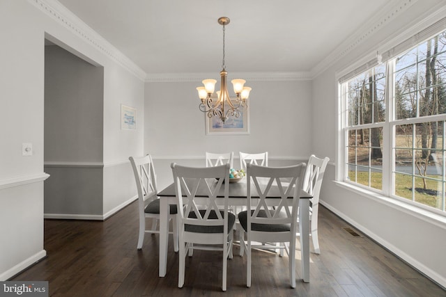 dining space featuring dark wood-style flooring, visible vents, ornamental molding, a chandelier, and baseboards