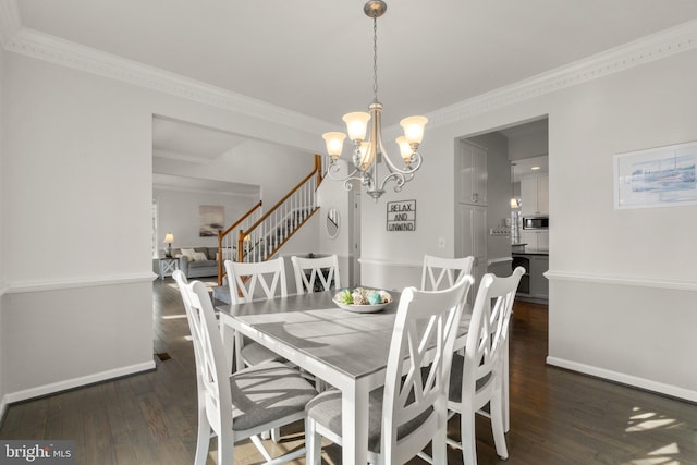 dining room with stairs, baseboards, dark wood-type flooring, and ornamental molding