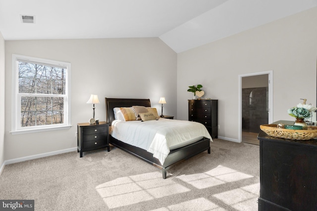 bedroom featuring baseboards, visible vents, vaulted ceiling, and light colored carpet