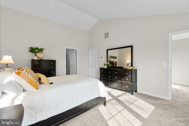 bedroom featuring high vaulted ceiling, carpet, visible vents, and baseboards