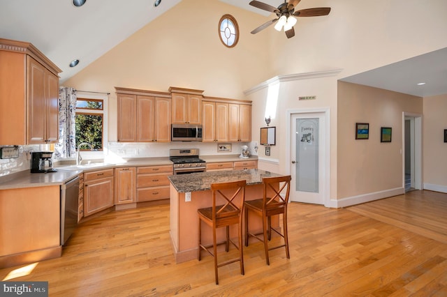 kitchen featuring a center island, light wood finished floors, a breakfast bar area, stainless steel appliances, and a sink