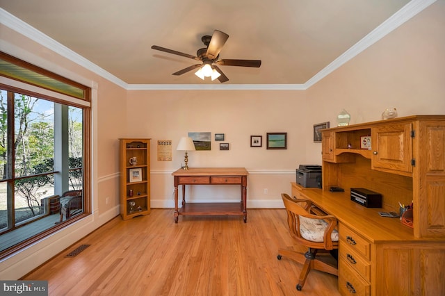 home office featuring ornamental molding, visible vents, light wood-style flooring, and baseboards