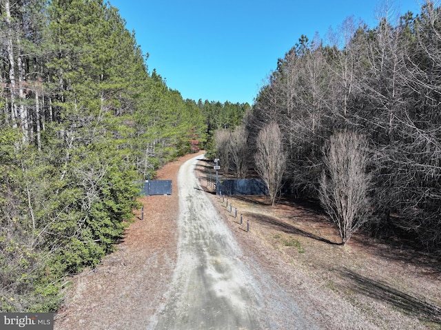 view of street featuring a wooded view