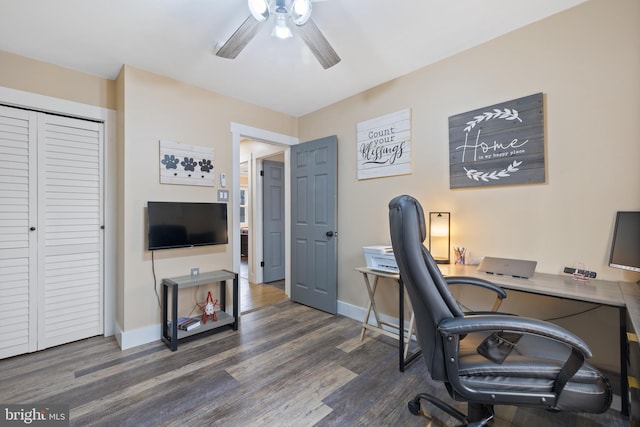 home office with baseboards, a ceiling fan, and wood finished floors