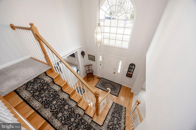 foyer entrance with a high ceiling, wood finished floors, and baseboards