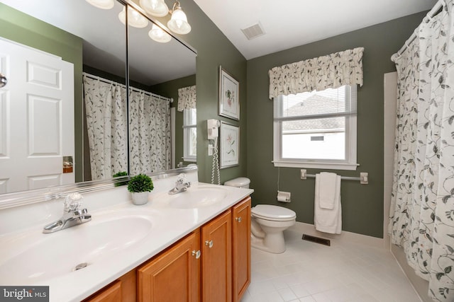 full bathroom with toilet, tile patterned flooring, a sink, and visible vents