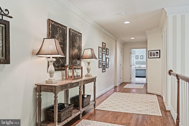 10310 Mystic Meadow Way, Oakton, VA 22124 - hallway featuring recessed lighting, ornamental molding, baseboards, and wood finished floors