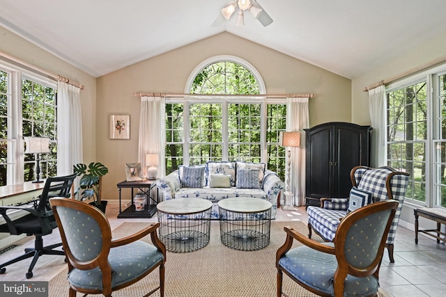 10310 Mystic Meadow Way, Oakton, VA 22124 - living room with a healthy amount of sunlight, tile patterned floors, a ceiling fan, and lofted ceiling