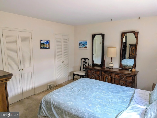 bedroom with carpet and multiple closets