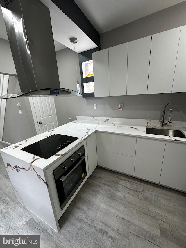 kitchen featuring light wood-style flooring, black electric stovetop, stainless steel oven, a sink, and exhaust hood