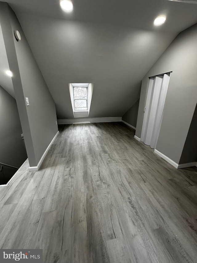 additional living space with lofted ceiling, baseboards, and wood finished floors