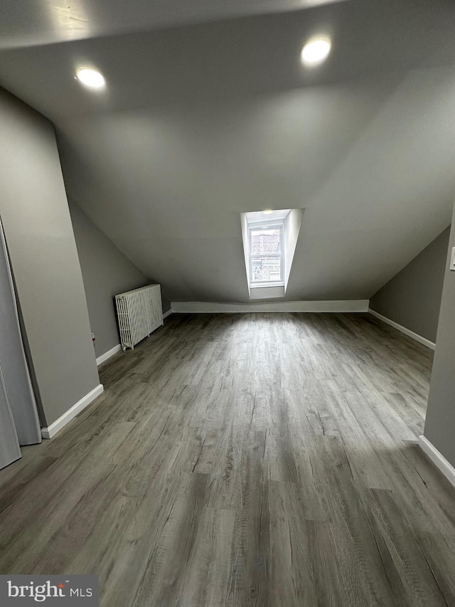 additional living space featuring lofted ceiling, radiator, baseboards, and wood finished floors