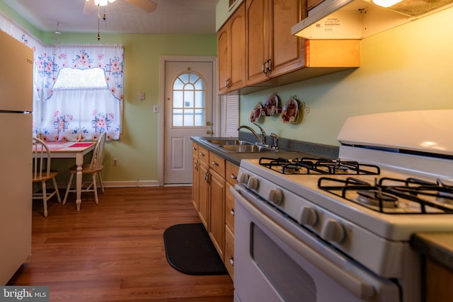 kitchen with under cabinet range hood, white appliances, wood finished floors, a sink, and baseboards