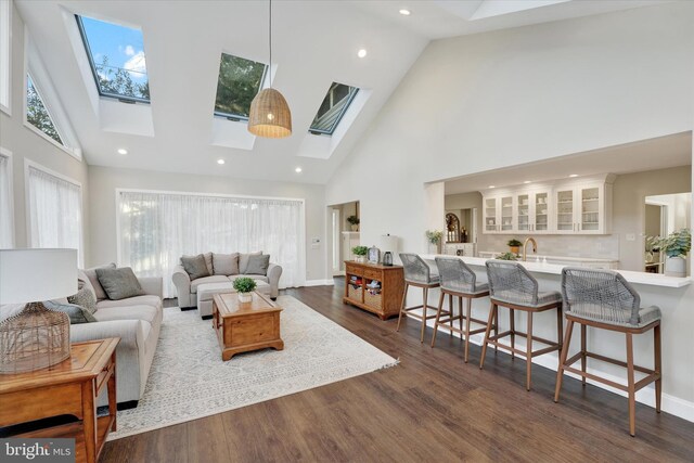 living room featuring dark wood-type flooring, a skylight, and a healthy amount of sunlight