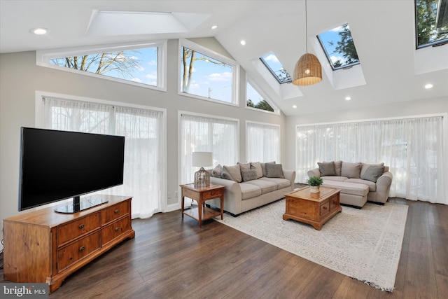 living room featuring a wealth of natural light, dark wood-style floors, high vaulted ceiling, and a skylight