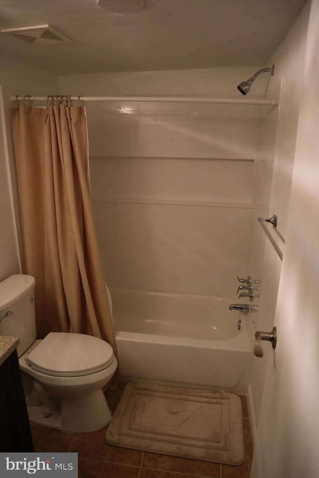 bathroom featuring visible vents, toilet, shower / bath combo, tile patterned floors, and vanity