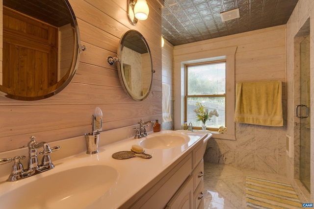 240 Stoneleigh Rd, Palmyra, VA 22963 - bathroom with wood walls, double vanity, a stall shower, and an ornate ceiling