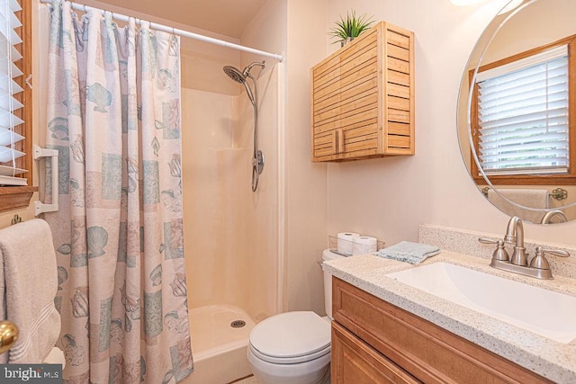 full bathroom featuring toilet, a stall shower, and vanity