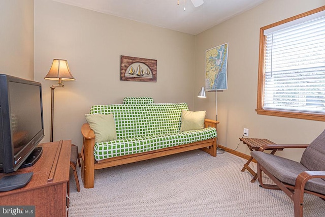 living area featuring baseboards and carpet floors