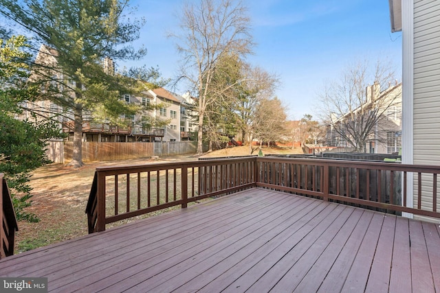 wooden deck featuring a residential view and a fenced backyard