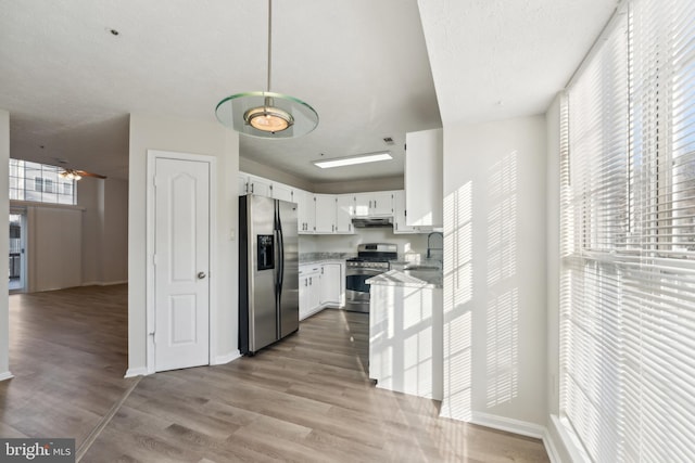 kitchen featuring under cabinet range hood, wood finished floors, appliances with stainless steel finishes, and a sink