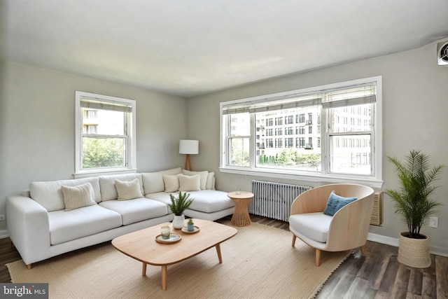 living area featuring radiator heating unit, wood finished floors, and baseboards