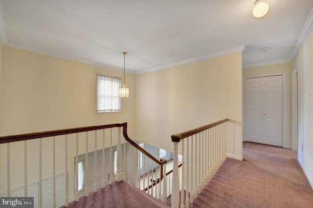 hall featuring baseboards, an upstairs landing, carpet floors, and ornamental molding