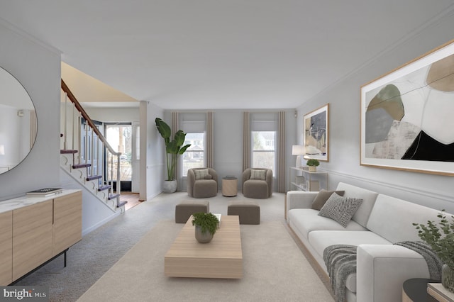 carpeted living area featuring stairway and ornamental molding