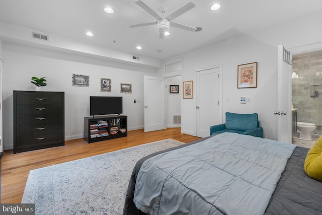 bedroom with recessed lighting, visible vents, baseboards, and light wood finished floors