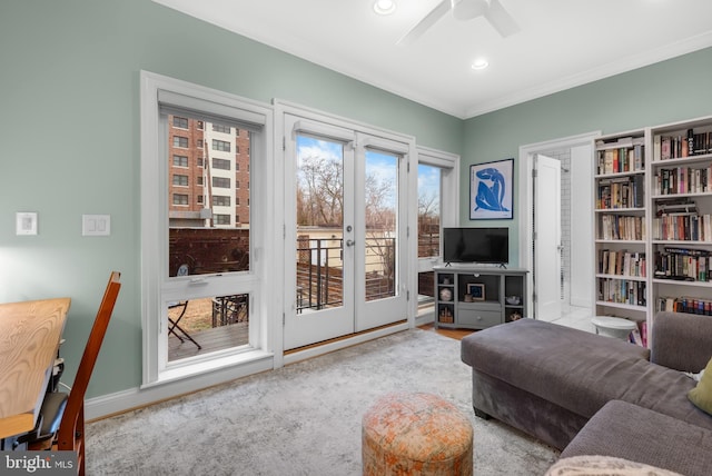 living room with recessed lighting, french doors, crown molding, baseboards, and ceiling fan