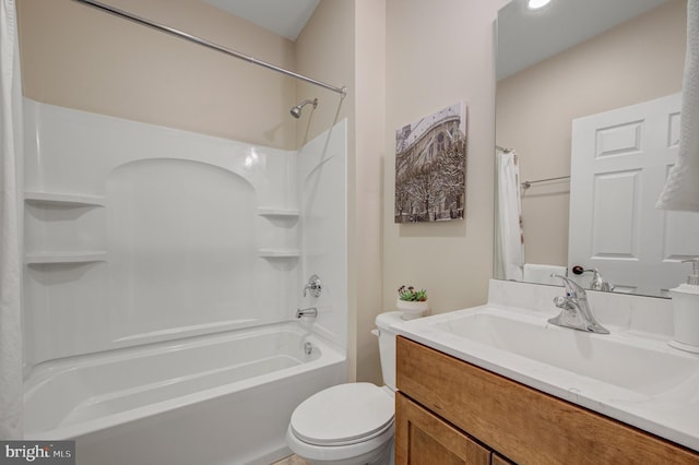 full bathroom with toilet, vanity, and shower / bath combination with curtain