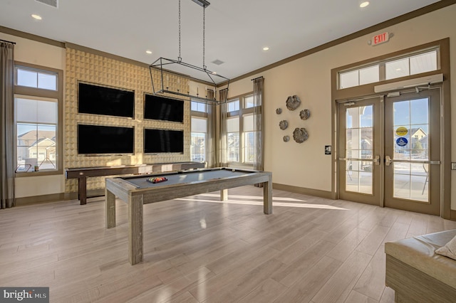 recreation room featuring billiards, light wood-type flooring, french doors, baseboards, and recessed lighting