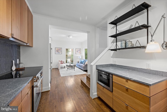 kitchen with dark wood finished floors, stainless steel electric stove, tasteful backsplash, open shelves, and ornamental molding