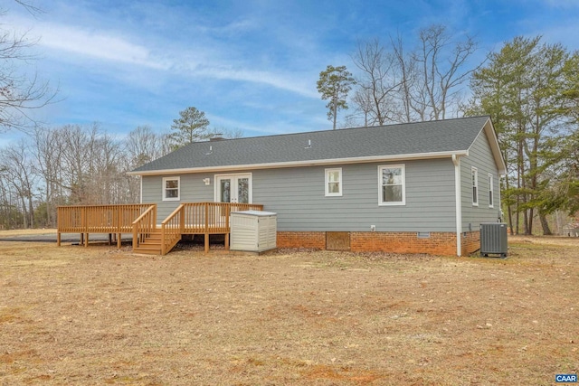 back of house with cooling unit, a wooden deck, a shingled roof, french doors, and crawl space