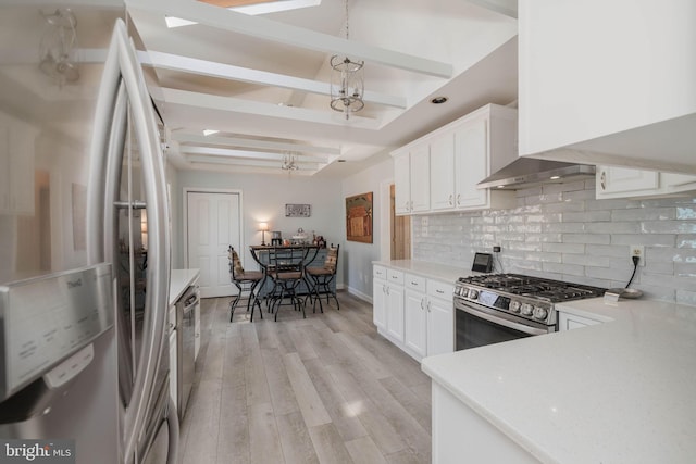 kitchen with beam ceiling, light wood finished floors, stainless steel appliances, tasteful backsplash, and white cabinetry