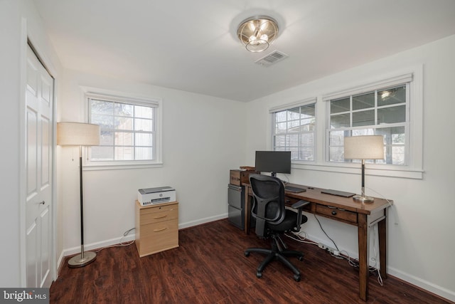 home office featuring visible vents, baseboards, and wood finished floors