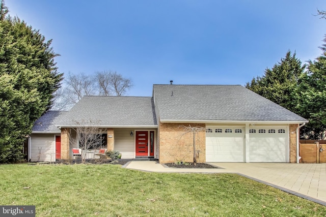 view of front facade featuring a garage, a shingled roof, concrete driveway, covered porch, and a front lawn