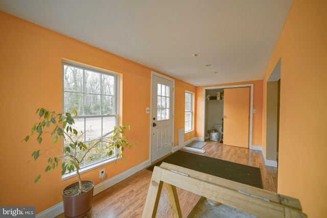 foyer with baseboards and wood finished floors