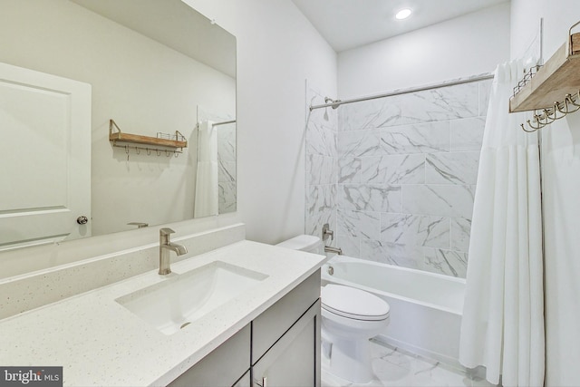 bathroom featuring shower / tub combo, toilet, marble finish floor, vanity, and recessed lighting