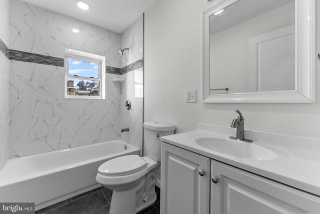 full bathroom featuring shower / bathing tub combination, vanity, toilet, and tile patterned floors